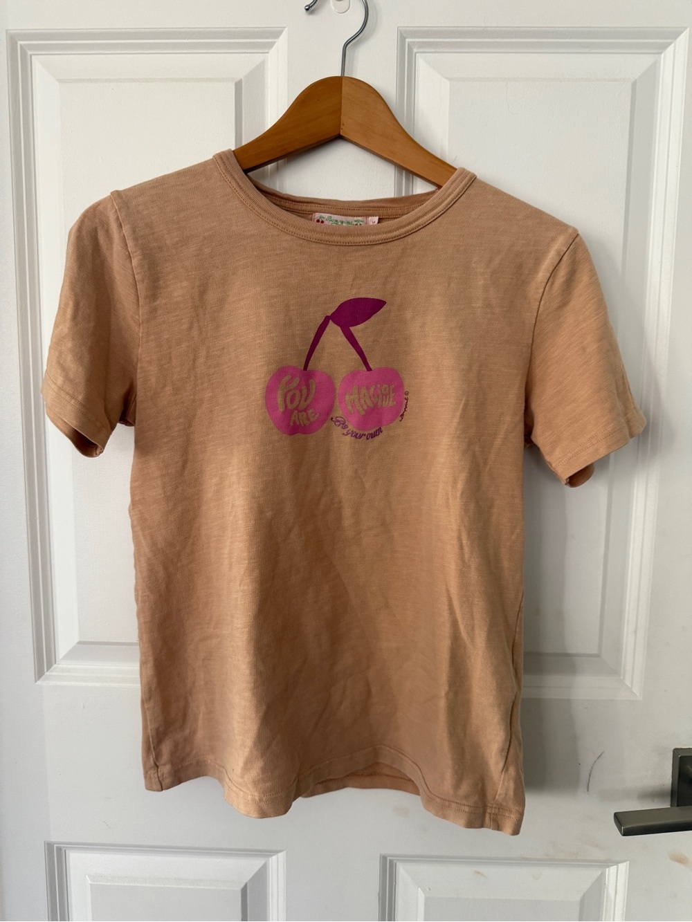 Bonpoint Peach Tee with Magenta Cherry Graphic 14y